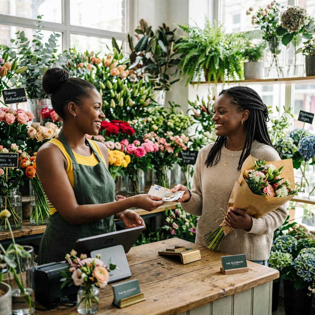 Satisfied customer receiving change at a modern flower shop